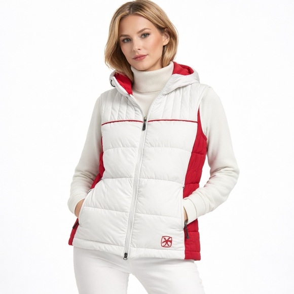 Bonfire Jackets & Blazers - Bonfire vest hooded down alpine puffer red white size M